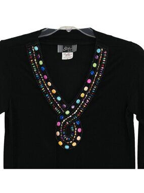 Beaded Tunic Top Womens PS Pullover Stretch 3/4 Sleeves Black Slinky Brand Vtg
